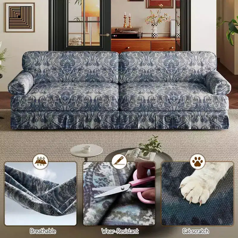 93.7 Canapé Nuage 4 places luxueusement confortable, en tissu chenille avec accoudoirs roulés et jupe plissée à motif floral bleu