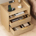 24 Inch Wide Fluted Nightstand With Charging Station 2 Drawers Open Storage Shelf Natural Wood Bedside Table Mid Century Modern End Table Bedroom