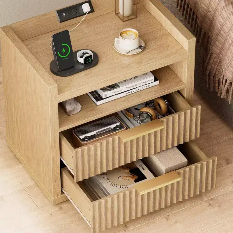 24 Inch Wide Fluted Nightstand With Charging Station 2 Drawers Open Storage Shelf Natural Wood Bedside Table Mid Century Modern End Table Bedroom