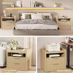 Table de chevet cannelée de 24 pouces de large avec station de recharge, 2 tiroirs, étagère ouverte, table de chevet en bois naturel, table d'appoint moderne du milieu du siècle pour chambre à coucher