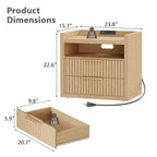 Table de chevet cannelée de 24 pouces de large avec station de recharge, 2 tiroirs, étagère ouverte, table de chevet en bois naturel, table d'appoint moderne du milieu du siècle pour chambre à coucher