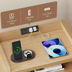 Table de chevet cannelée de 24 pouces de large avec station de recharge, 2 tiroirs, étagère ouverte, table de chevet en bois naturel, table d'appoint moderne du milieu du siècle pour chambre à coucher