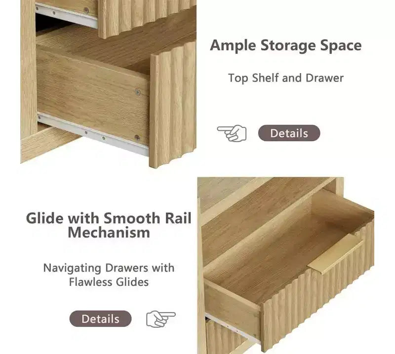 Table de chevet cannelée de 24 pouces de large avec station de recharge, 2 tiroirs, étagère ouverte, table de chevet en bois naturel, table d'appoint moderne du milieu du siècle pour chambre à coucher