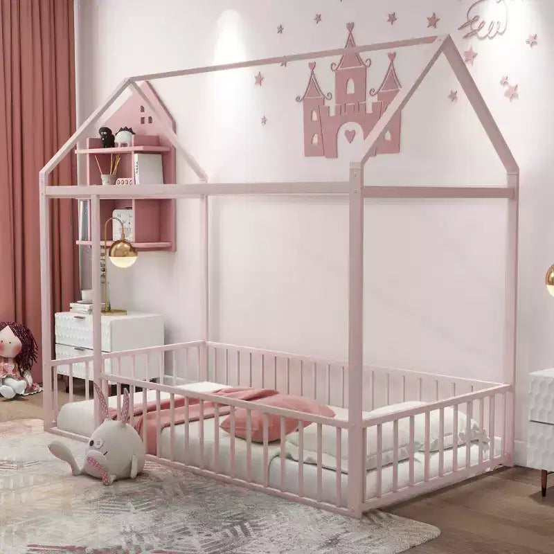 Bellemave Twin Metal House Bed Frame with Fence, Low Profile Kids & Teen Bed Frame,