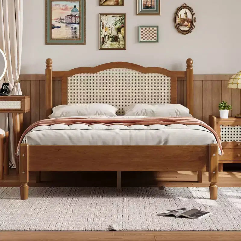 Cadre de lit plateforme en bois pleine grandeur, cadre de lit vintage avec tête de lit en rotin naturel, support à lattes en bois