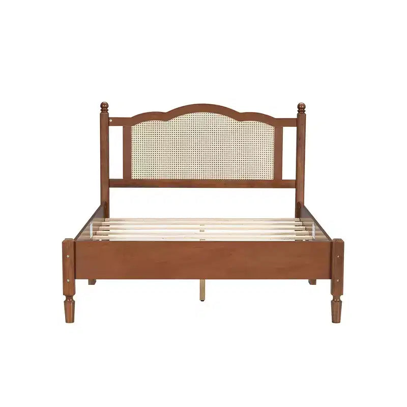 Cadre de lit plateforme en bois pleine grandeur, cadre de lit vintage avec tête de lit en rotin naturel, support à lattes en bois