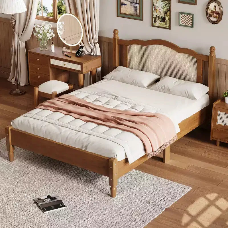 Whisen Full Size Wooden Platform Bed Frame, Vintage Bed Frame with Natural Rattan Headboard, Wooden Slat Support