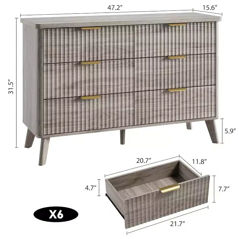 Commode à 6 tiroirs cannelés, 120 cm de large avec profil incurvé, organisateur de tiroir en bois, commode moderne pour chambre à coucher, salon