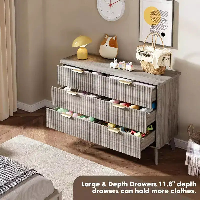Commode à 6 tiroirs cannelés, 120 cm de large avec profil incurvé, organisateur de tiroir en bois, commode moderne pour chambre à coucher, salon