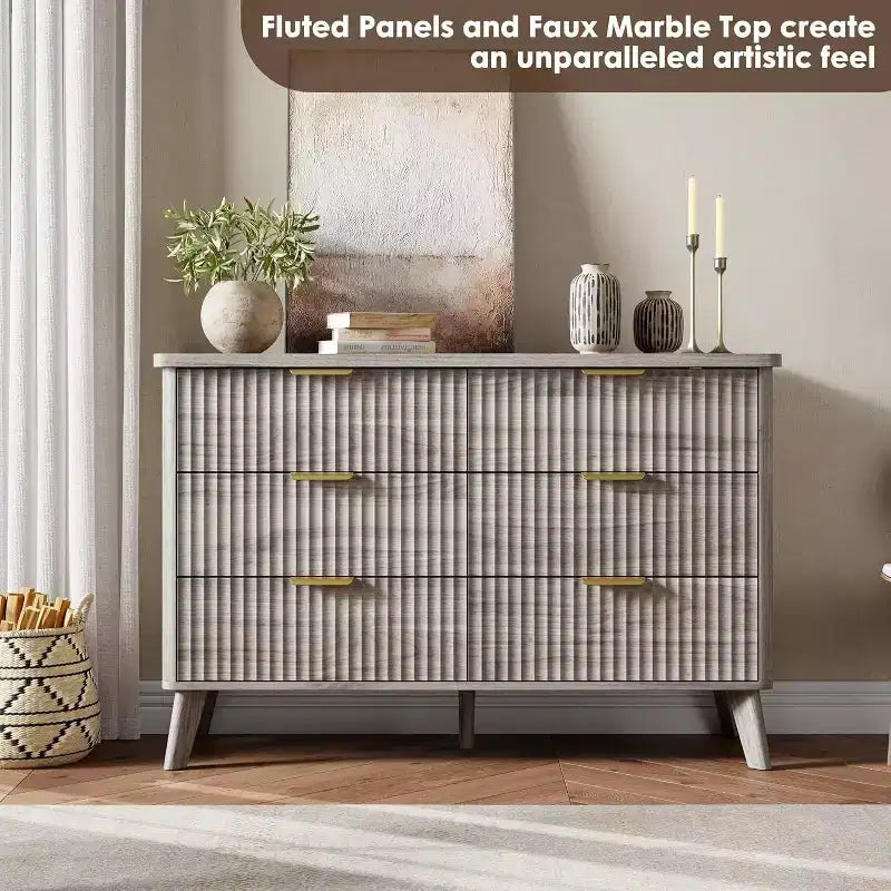Commode à 6 tiroirs cannelés, 120 cm de large avec profil incurvé, organisateur de tiroir en bois, commode moderne pour chambre à coucher, salon