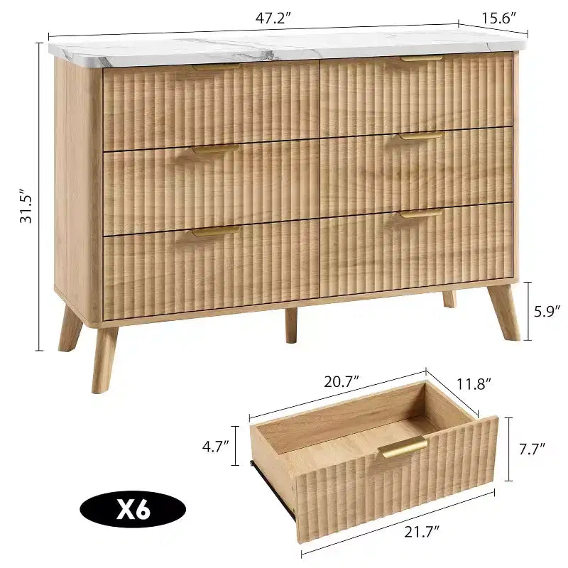 Commode à 6 tiroirs cannelés, 120 cm de large avec profil incurvé, organisateur de tiroir en bois, commode moderne pour chambre à coucher, salon