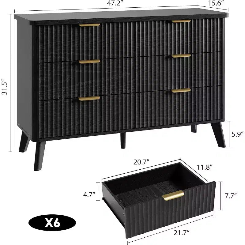 Commode à 6 tiroirs cannelés, 120 cm de large avec profil incurvé, organisateur de tiroir en bois, commode moderne pour chambre à coucher, salon