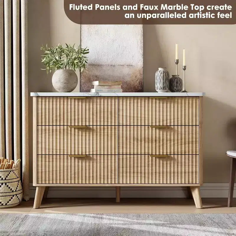 Commode à 6 tiroirs cannelés, 120 cm de large avec profil incurvé, organisateur de tiroir en bois, commode moderne pour chambre à coucher, salon