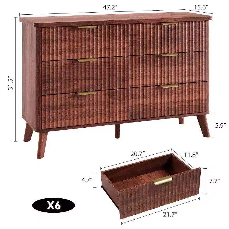 Commode à 6 tiroirs cannelés, 120 cm de large avec profil incurvé, organisateur de tiroir en bois, commode moderne pour chambre à coucher, salon