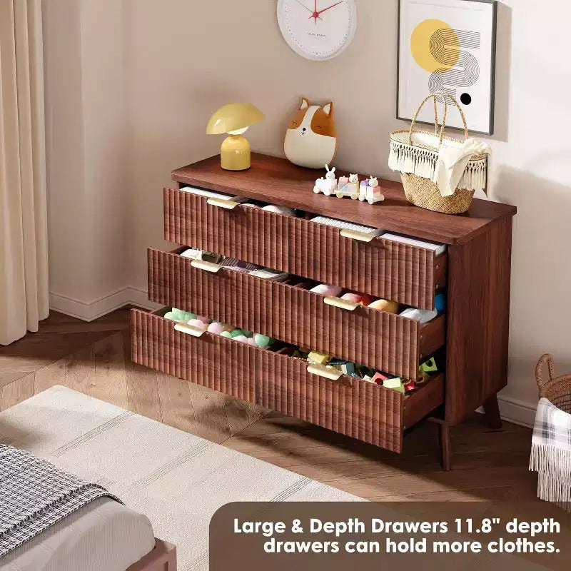 Commode à 6 tiroirs cannelés, 120 cm de large avec profil incurvé, organisateur de tiroir en bois, commode moderne pour chambre à coucher, salon