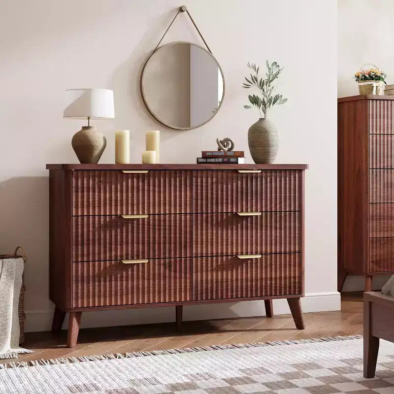 Commode à 6 tiroirs cannelés, 120 cm de large avec profil incurvé, organisateur de tiroir en bois, commode moderne pour chambre à coucher, salon