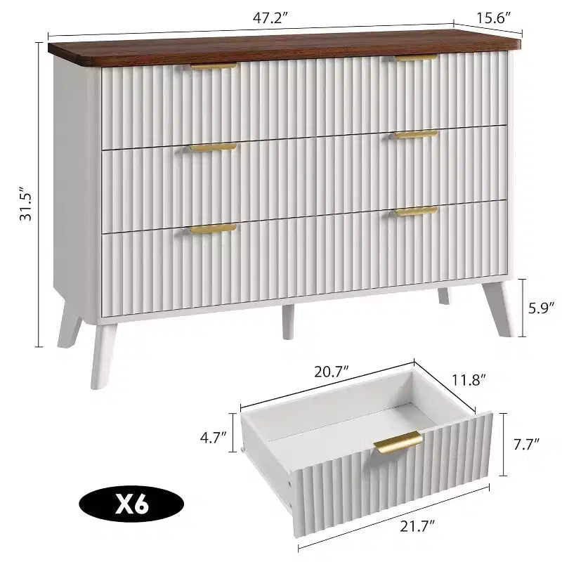 Commode à 6 tiroirs cannelés, 120 cm de large avec profil incurvé, organisateur de tiroir en bois, commode moderne pour chambre à coucher, salon