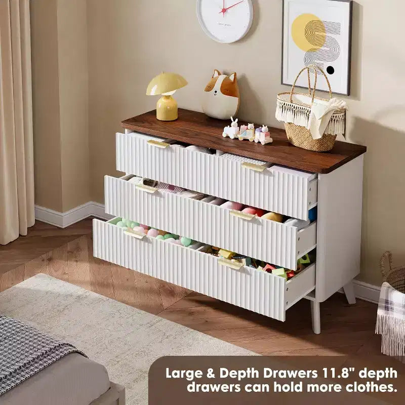 Commode à 6 tiroirs cannelés, 120 cm de large avec profil incurvé, organisateur de tiroir en bois, commode moderne pour chambre à coucher, salon
