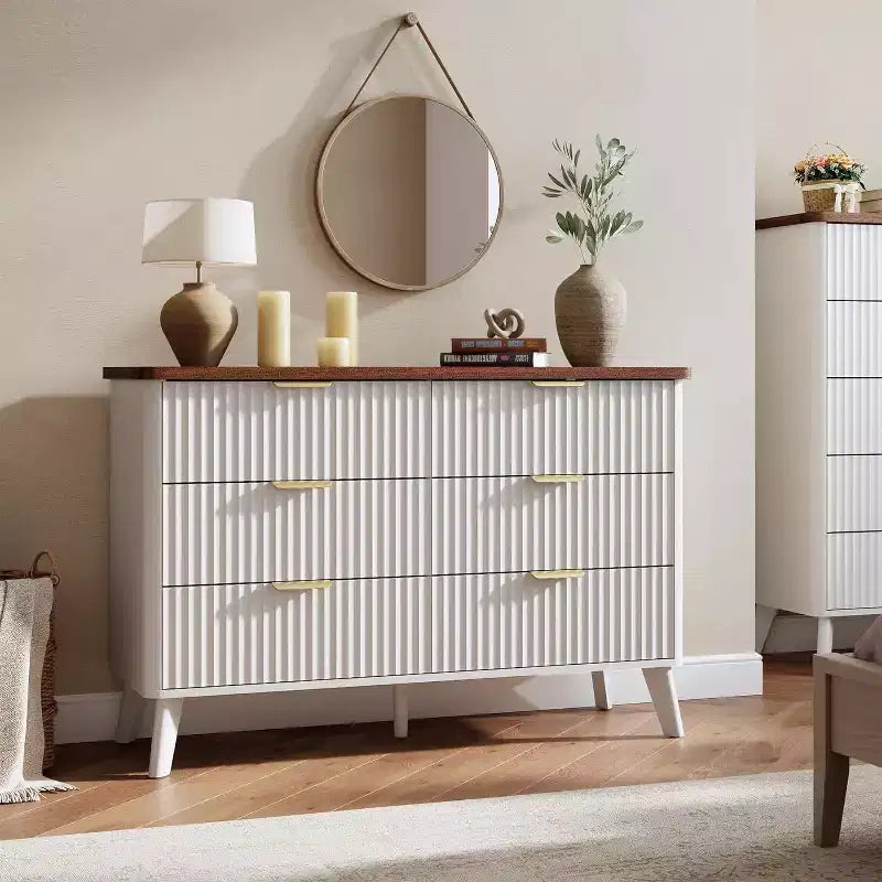 Commode à 6 tiroirs cannelés, 120 cm de large avec profil incurvé, organisateur de tiroir en bois, commode moderne pour chambre à coucher, salon