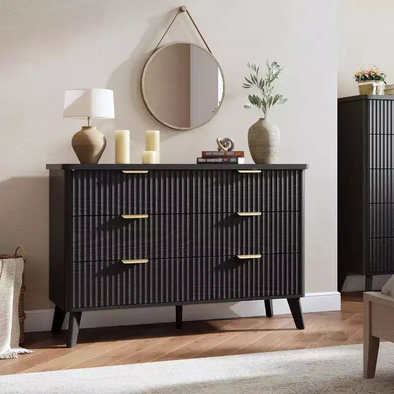 Commode à 6 tiroirs cannelés, 120 cm de large avec profil incurvé, organisateur de tiroir en bois, commode moderne pour chambre à coucher, salon
