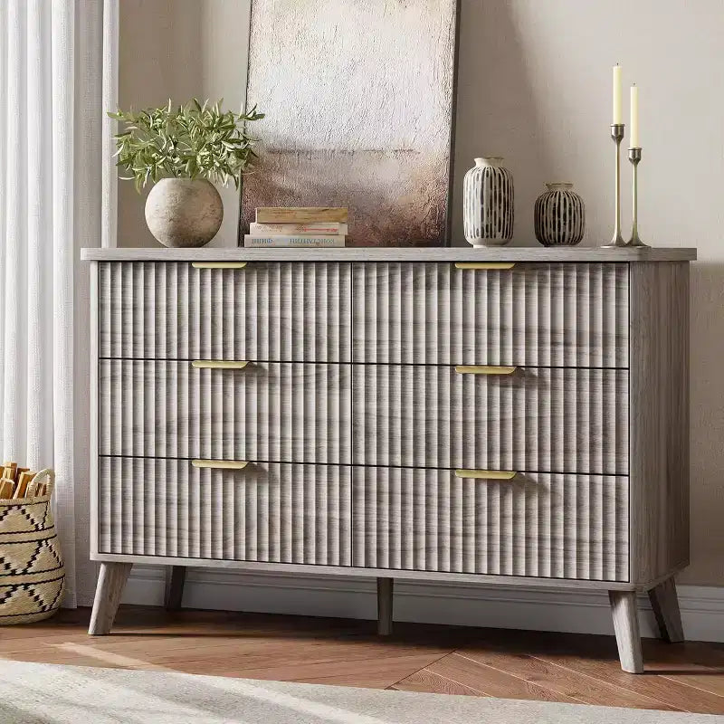Commode à 6 tiroirs cannelés, 120 cm de large avec profil incurvé, organisateur de tiroir en bois, commode moderne pour chambre à coucher, salon
