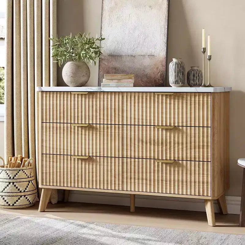 Commode à 6 tiroirs cannelés, 120 cm de large avec profil incurvé, organisateur de tiroir en bois, commode moderne pour chambre à coucher, salon