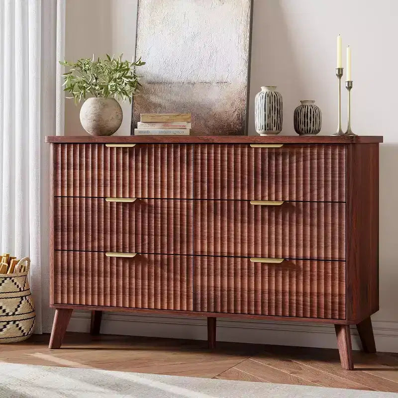Commode à 6 tiroirs cannelés, 120 cm de large avec profil incurvé, organisateur de tiroir en bois, commode moderne pour chambre à coucher, salon