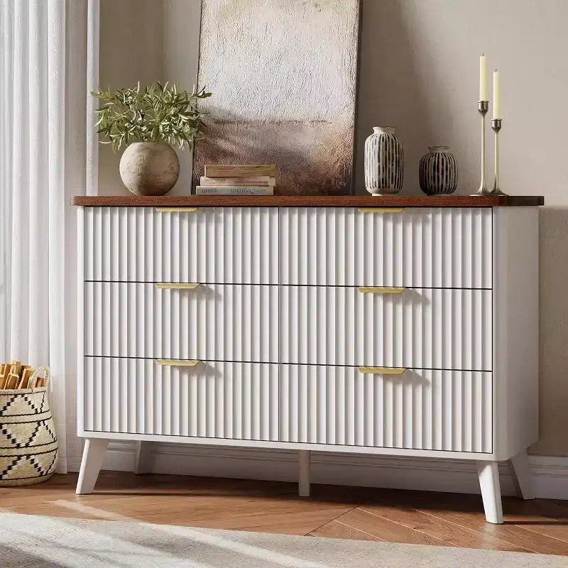 Commode à 6 tiroirs cannelés, 120 cm de large avec profil incurvé, organisateur de tiroir en bois, commode moderne pour chambre à coucher, salon