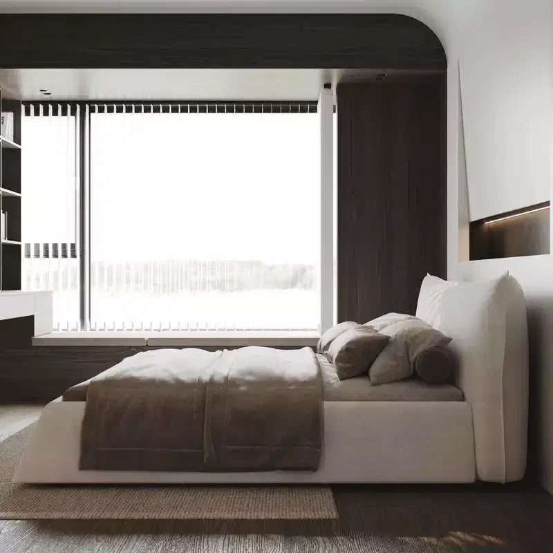 Lit plateforme rembourré King Size avec tête de lit en velours de forme spéciale, cadre en métal et bois massif Beige
