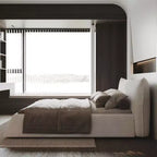 Lit plateforme rembourré King Size avec tête de lit en velours de forme spéciale, cadre en métal et bois massif Beige