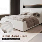 Lit plateforme rembourré King Size avec tête de lit en velours de forme spéciale, cadre en métal et bois massif Beige