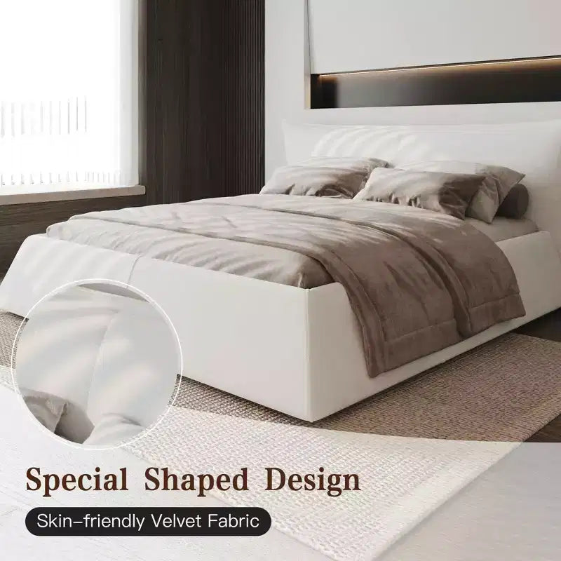 Lit plateforme rembourré King Size avec tête de lit en velours de forme spéciale, cadre en métal et bois massif Beige