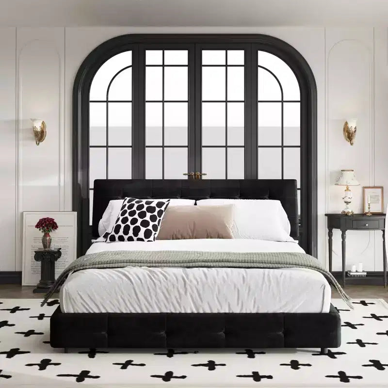 MAYEERTY Queen Size Bed Frame Tufted Headboard with Extra Large Ultra Soft Cloud Pillow, Chenille Platform Bed with Metal and Wooden Black