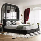 Lit Cadre de lit Capitonnée avec Tête de lit Extra Large et Oreiller Nuage Ultra Doux, Lit Plateforme en Chenille avec Métal et Bois Noir