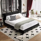 Lit Cadre de lit Capitonnée avec Tête de lit Extra Large et Oreiller Nuage Ultra Doux, Lit Plateforme en Chenille avec Métal et Bois Noir
