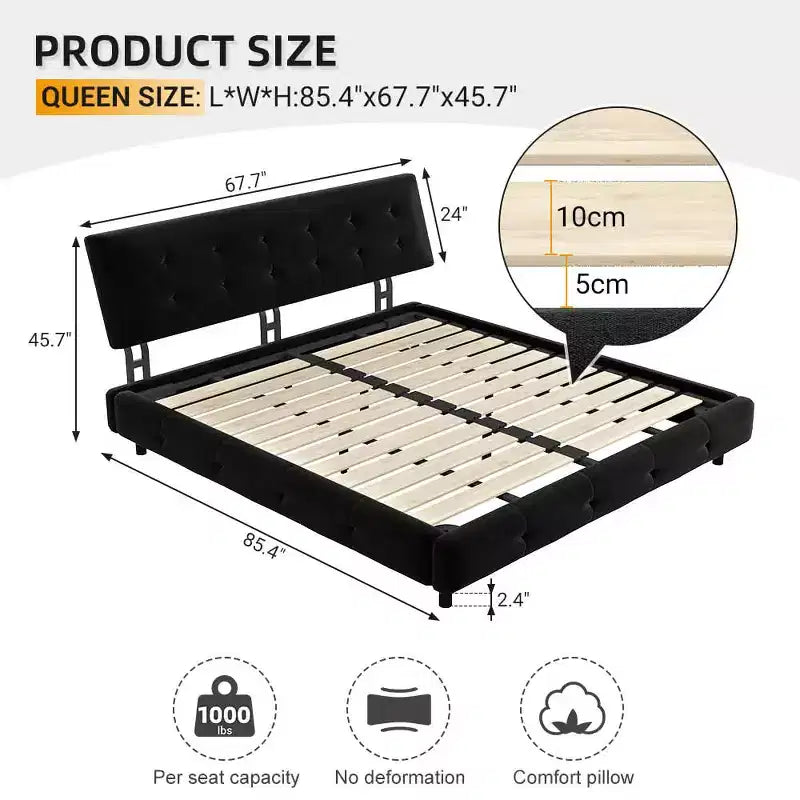 Lit Cadre de lit Capitonnée avec Tête de lit Extra Large et Oreiller Nuage Ultra Doux, Lit Plateforme en Chenille avec Métal et Bois Noir