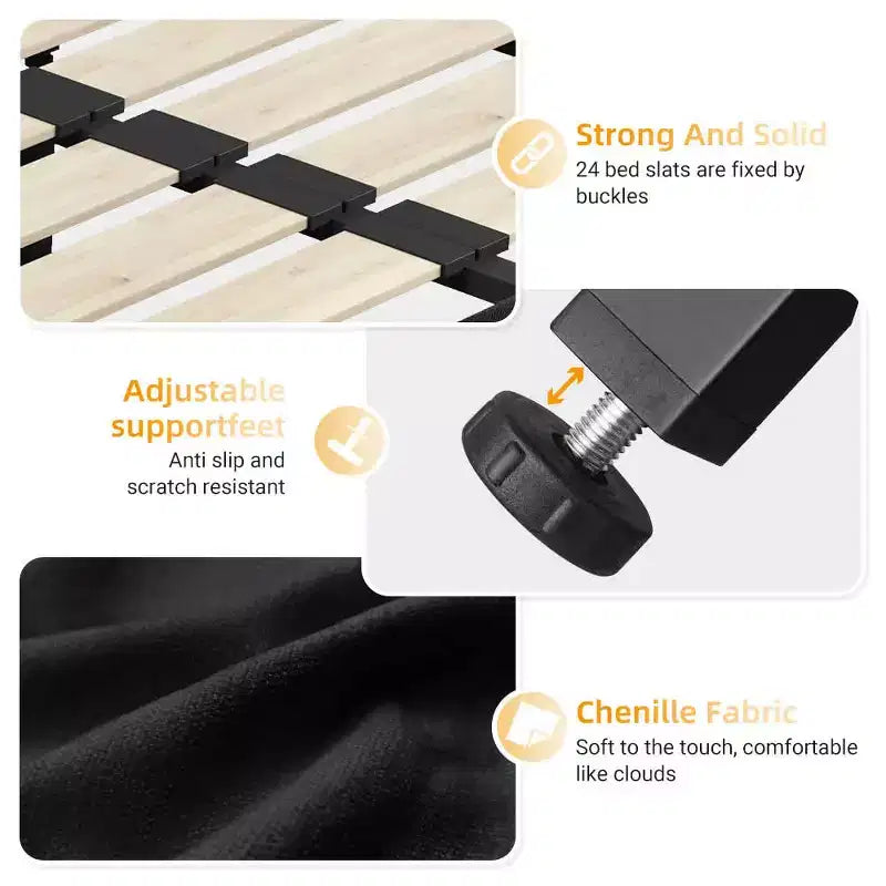 Lit Cadre de lit Capitonnée avec Tête de lit Extra Large et Oreiller Nuage Ultra Doux, Lit Plateforme en Chenille avec Métal et Bois Noir