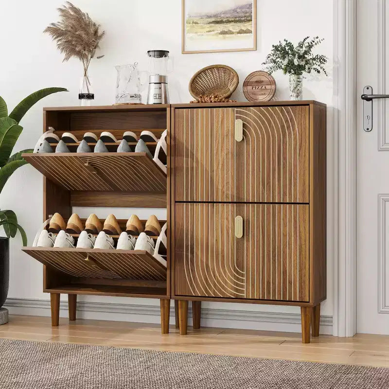 Freestanding Shoe Cabinet with Two Flip Drawers and Wave Doors for Entryway and Closet Organization
