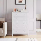 Commode 5 tiroirs de style campagnard avec poignées dorées, Armoire haute de rangement pour chambre ou salon, Blanc