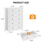 Commode 5 tiroirs de style campagnard avec poignées dorées, Armoire haute de rangement pour chambre ou salon, Blanc