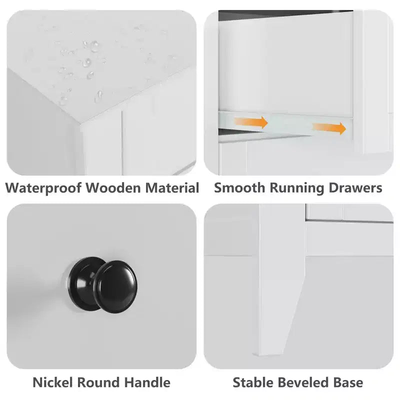 Commode 5 tiroirs de style campagnard avec poignées dorées, Armoire haute de rangement pour chambre ou salon, Blanc