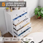 Commode 5 tiroirs de style campagnard avec poignées dorées, Armoire haute de rangement pour chambre ou salon, Blanc