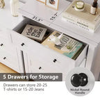 Commode 5 tiroirs de style campagnard avec poignées dorées, Armoire haute de rangement pour chambre ou salon, Blanc