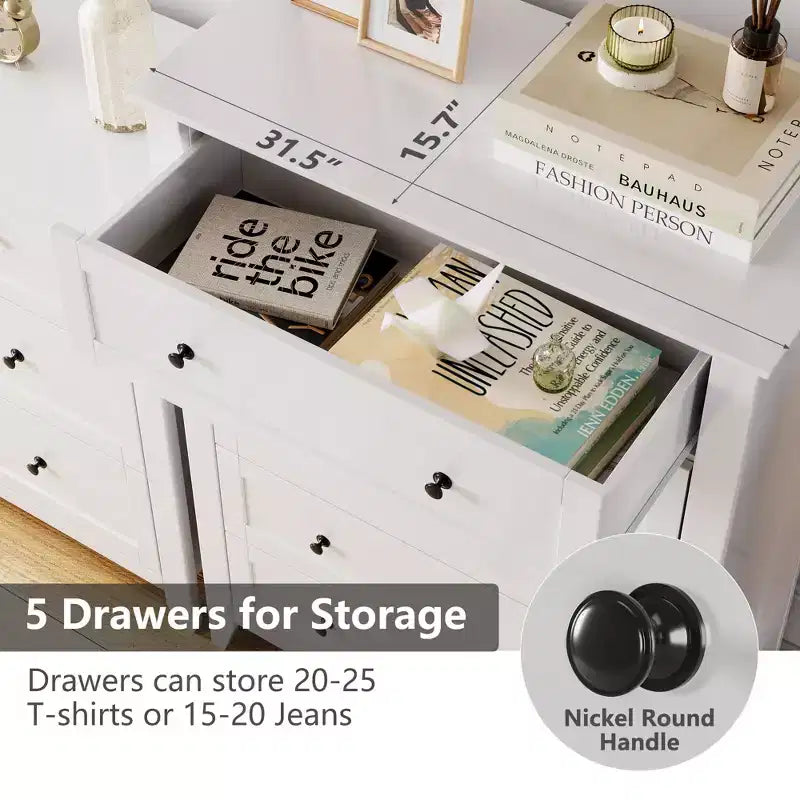 Commode 5 tiroirs de style campagnard avec poignées dorées, Armoire haute de rangement pour chambre ou salon, Blanc
