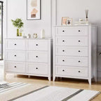 Commode 5 tiroirs de style campagnard avec poignées dorées, Armoire haute de rangement pour chambre ou salon, Blanc