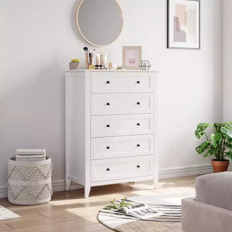 Commode 5 tiroirs de style campagnard avec poignées dorées, Armoire haute de rangement pour chambre ou salon, Blanc