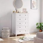 Commode 5 tiroirs de style campagnard avec poignées dorées, Armoire haute de rangement pour chambre ou salon, Blanc
