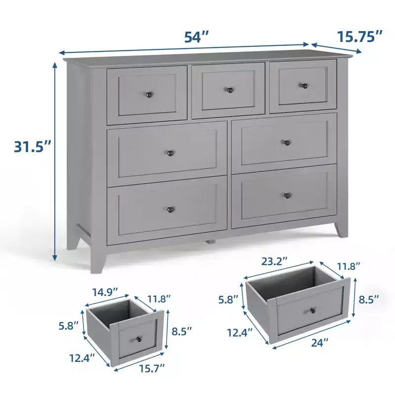 Commode à 7 tiroirs pour chambre à coucher, commode en bois de 54 po de largeur avec poignées métalliques, meuble TV, organisateur de rangement de vêtements pour chambre à coucher, couloir