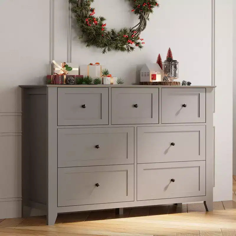Commode à 7 tiroirs pour chambre à coucher, commode en bois de 54 po de largeur avec poignées métalliques, meuble TV, organisateur de rangement de vêtements pour chambre à coucher, couloir