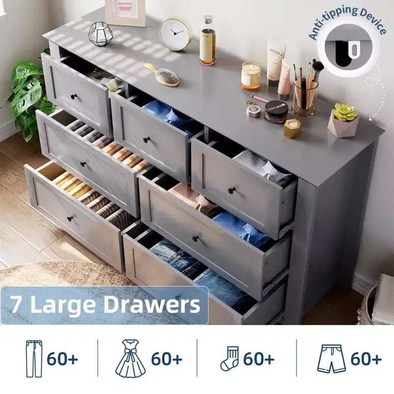 Commode à 7 tiroirs pour chambre à coucher, commode en bois de 54 po de largeur avec poignées métalliques, meuble TV, organisateur de rangement de vêtements pour chambre à coucher, couloir